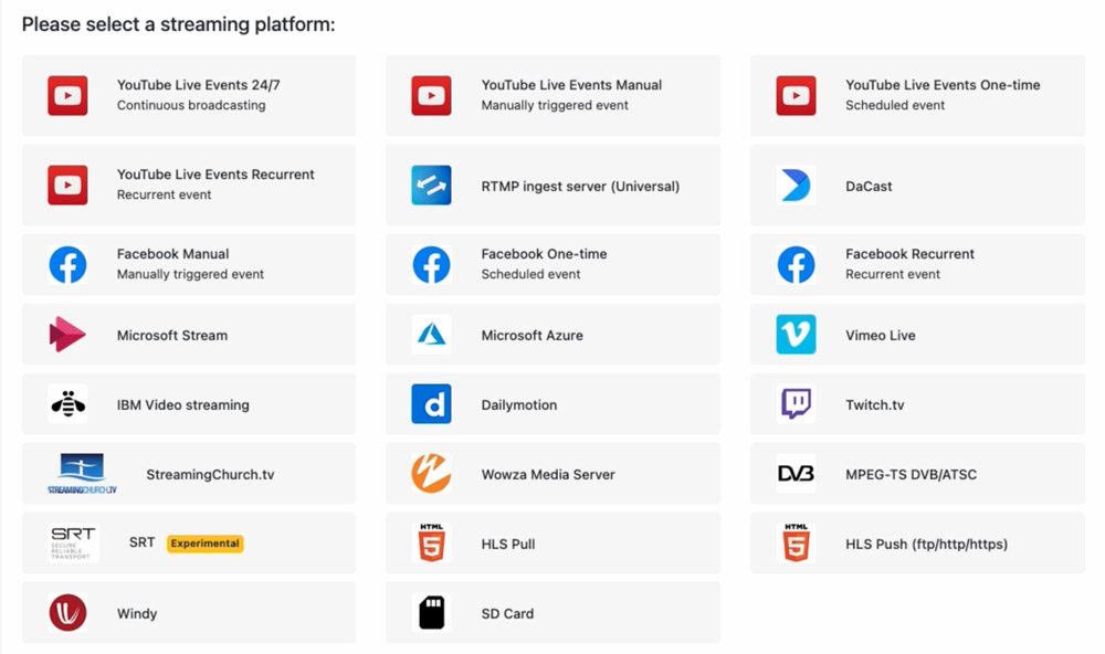 Big selection of platforms supported by CamSTreamer App