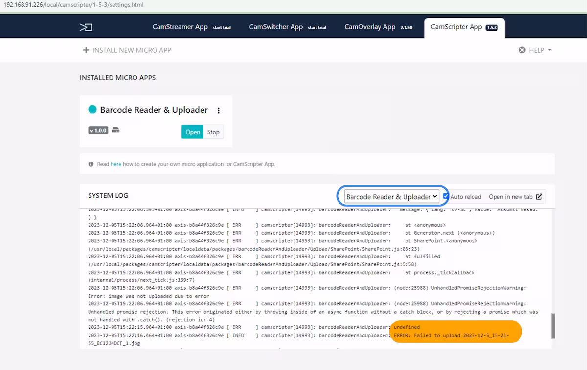CamStreamer Video CheckPoint &ndash; Photo Confirmation of Barcode Scanning & Upload to the SharePoint - microApp